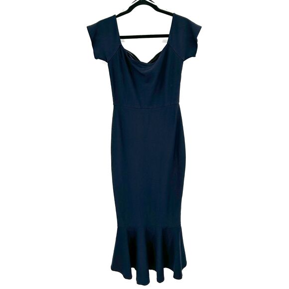 LULUS How Much I Care Midnight Blue Off-the-Shoulder Ruffle Midi Dress Medium - Picture 4 of 8